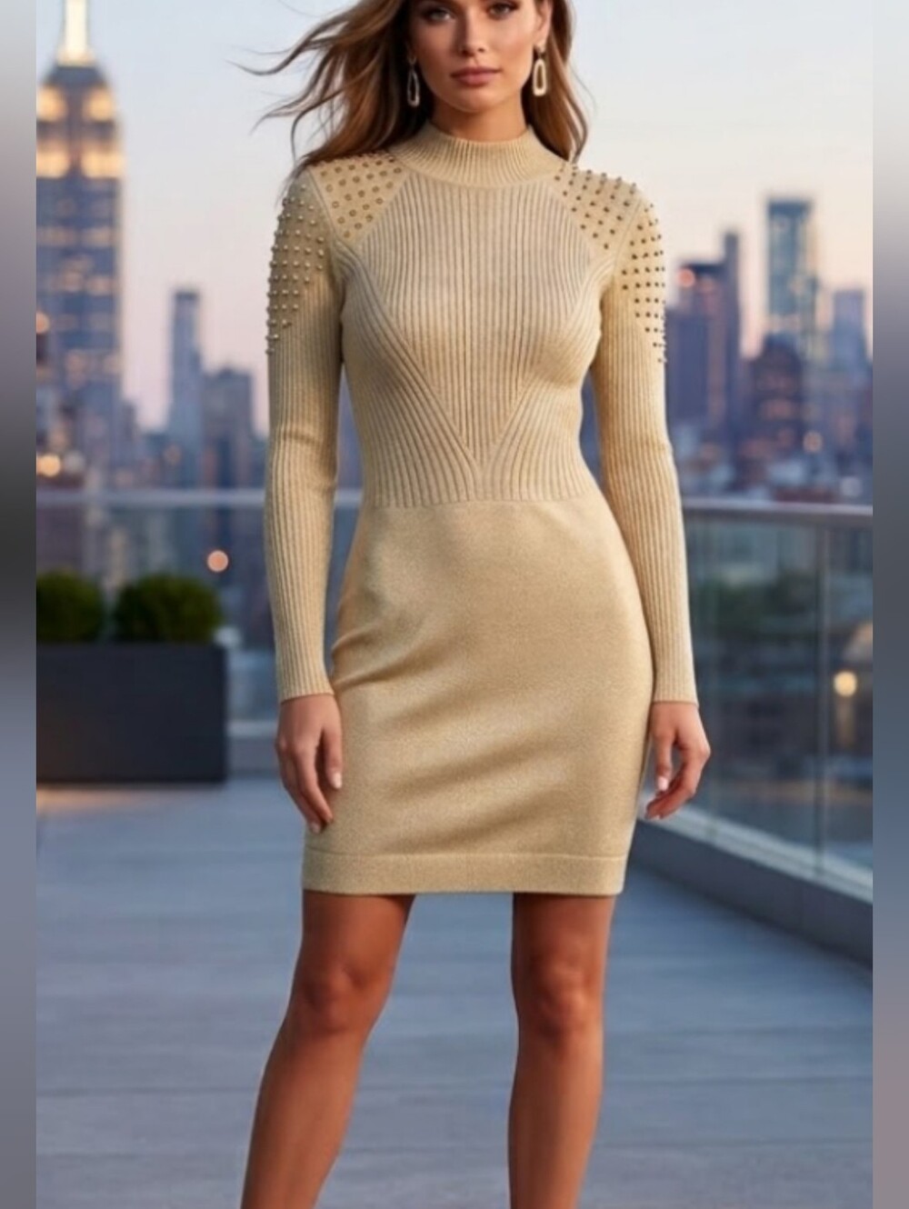 BCX Gold Metallic Long-Sleeve Studded Knit Stretchy Bodycon Dress Holidays.